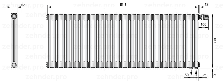 Схема (чертеж) Радиатор Zehnder Charleston 2100/33 №V002 Белый глянцевый RAL 9016
